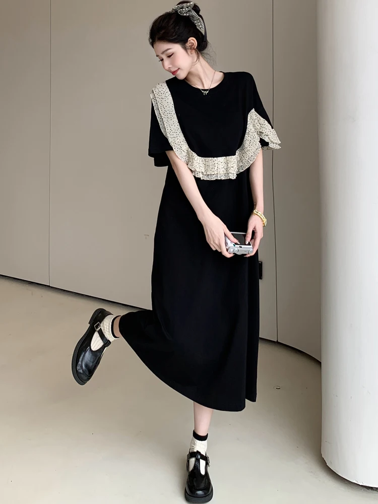 NYFS المرأة فستان صيفي فضفاض حجم كبير موضة كم قصير المرقعة كشكش حافة فستان طويل رداء Ete فام Elbise 2025 جديد