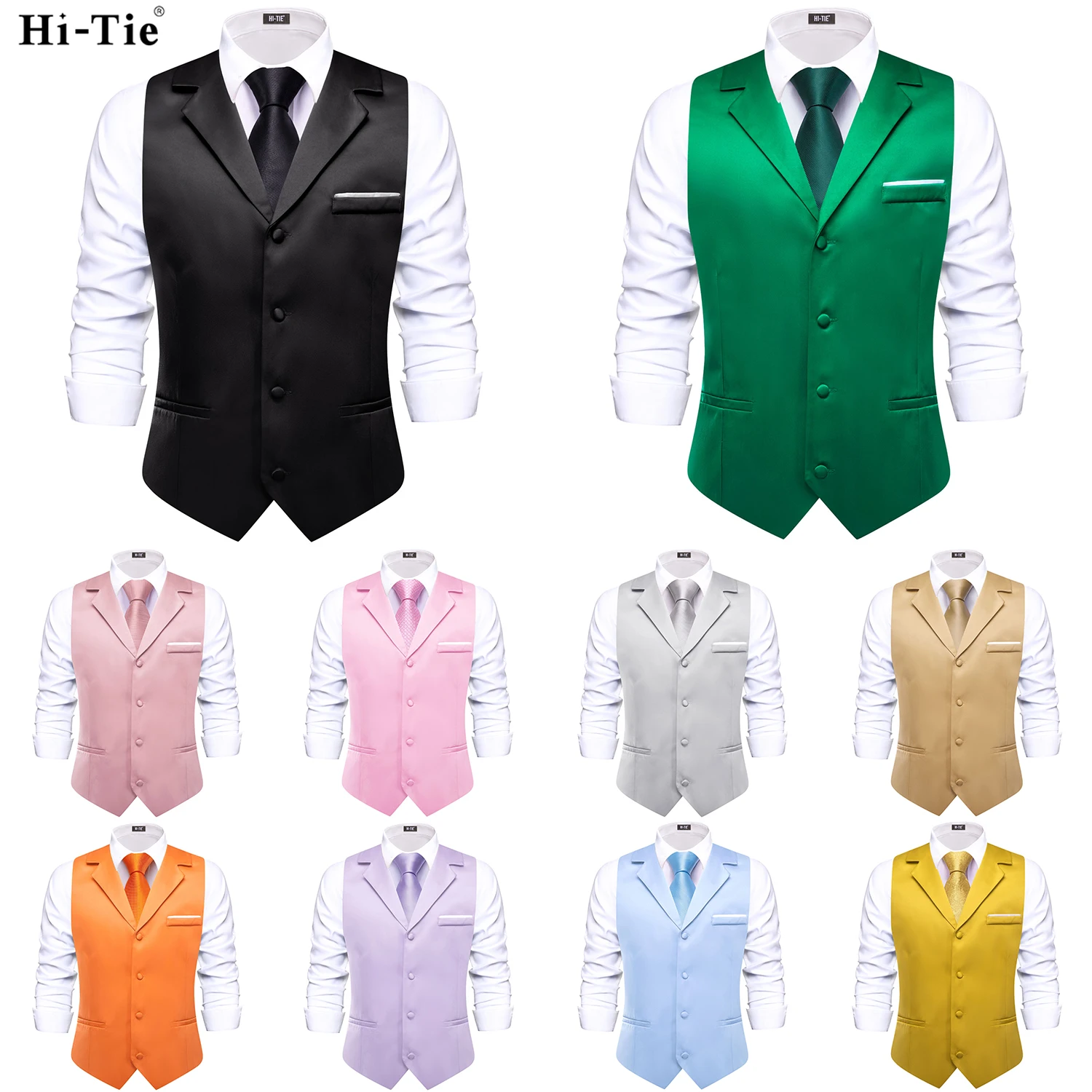 Hi-Tie Black Solid V-neck Men Vest With Tie Jacquard Tuxedo Dress Waistcoat Adjustable Jacket Casual Business Party Fashion