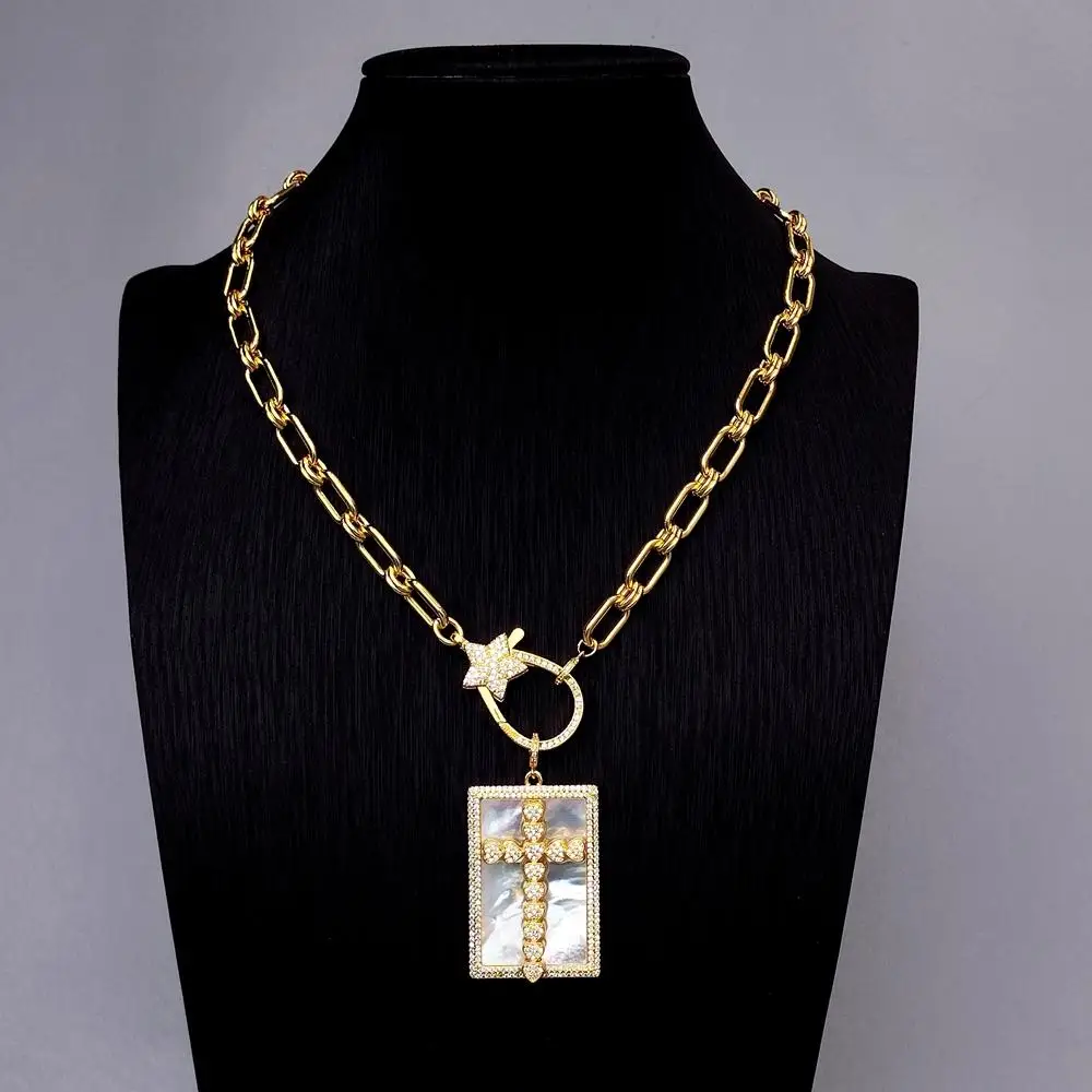 

Позолоченная цепочка yygem 30x45 мм, прямоугольная белая ракушка, подвеска с крестом Cz, ожерелья