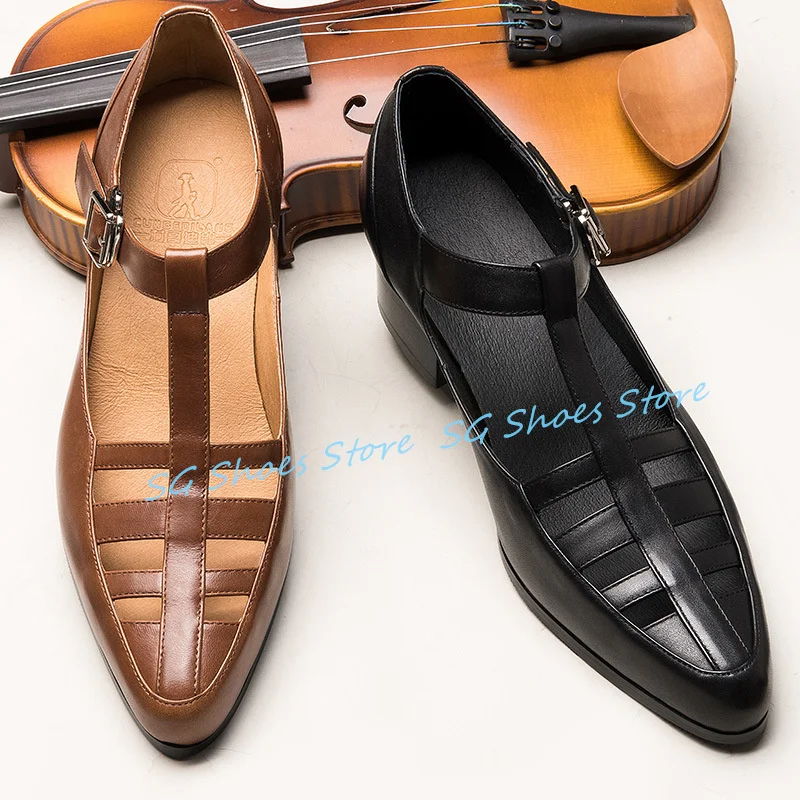 

Male Narrow Band Weaving Hollow Out Sandals Retro Roman Pointed Toe Buckle Strap Chunky Heel Shoes Male Casual Loafers