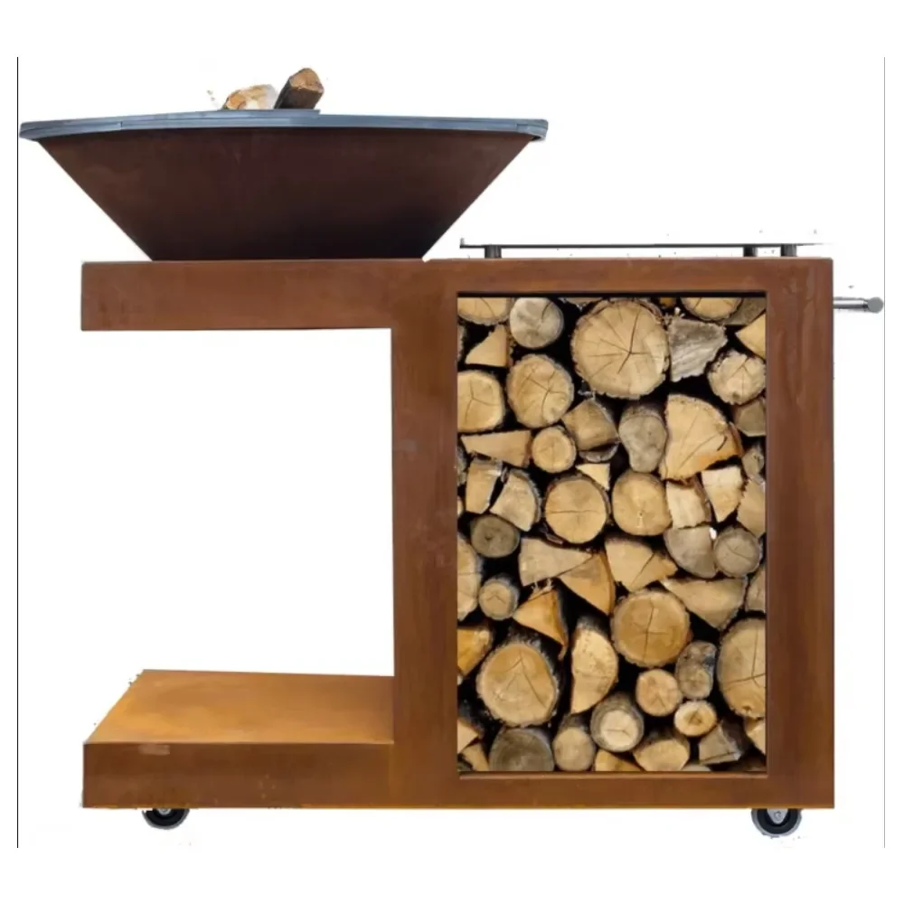 Multi functional backyard firewood rusted steel outdoor with barbecue grill