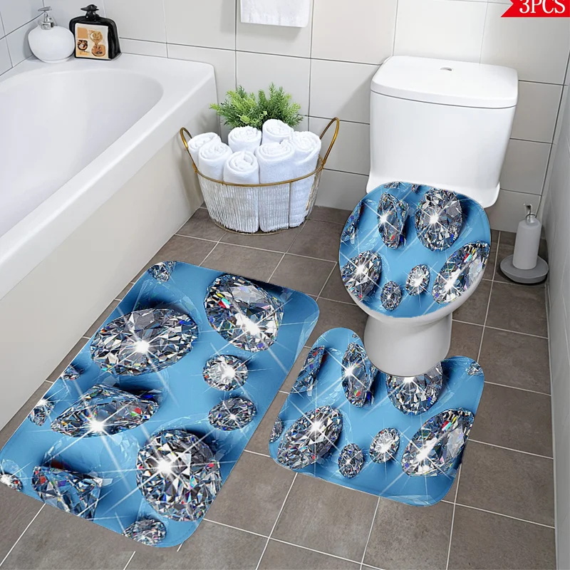 

3-piece blue diamond bathroom floor mat and toilet lid cover, for modern bathroom U-shaped toilet lid, luxury floor mat set