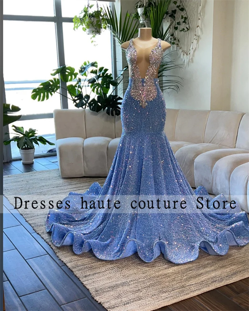 

Sparkly Light Blue Velvet Sequined Long Prom Dresses 2025 For Black Girls Silver Crystals Diamond Formal Party Dress Customized