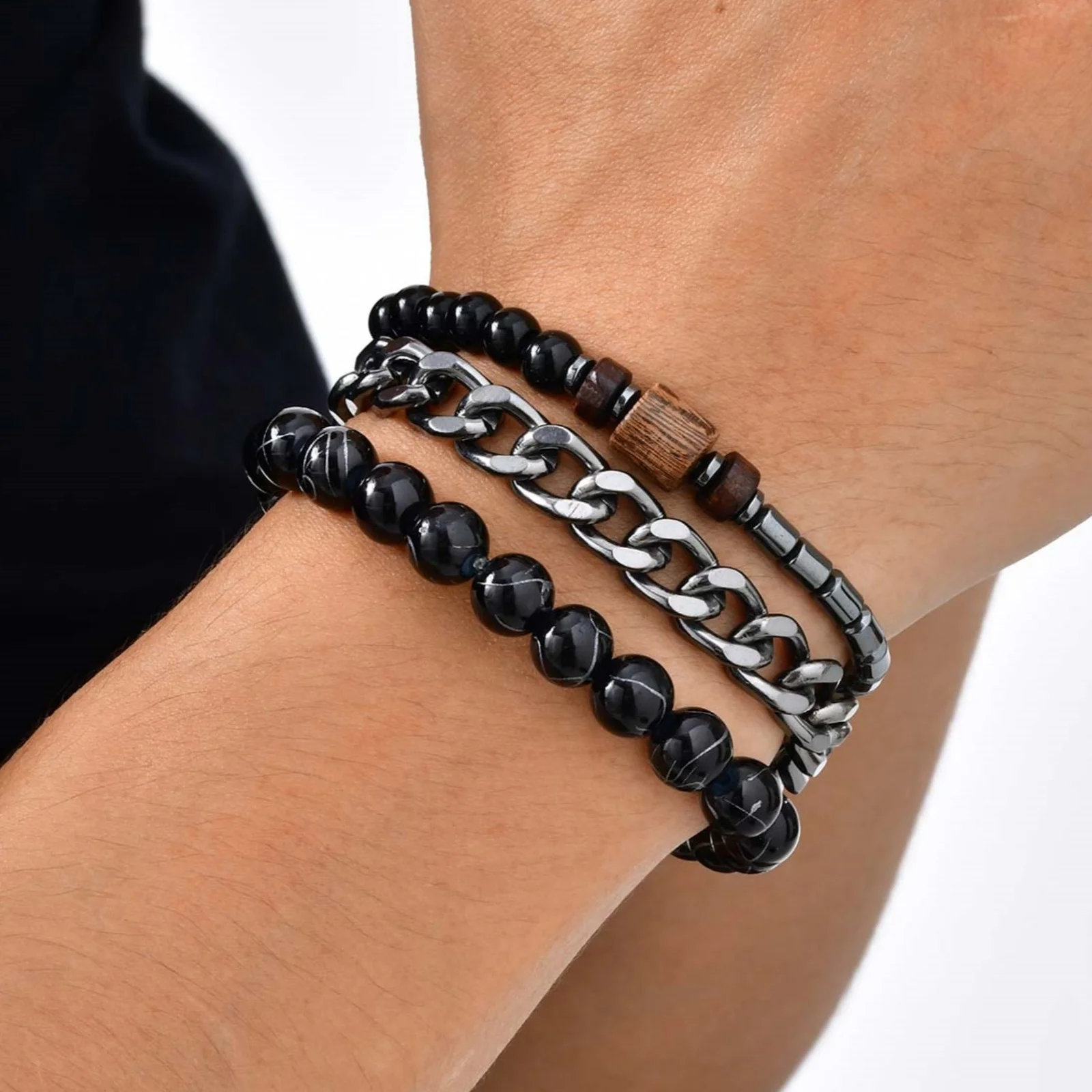 أزياء ثلاث قطع مجموعة سوار مطرز للرجال، متعدد الطبقات تكويم سلسلة معدنية سوار معصمه، الهيب هوب مجوهرات بسيطة #1