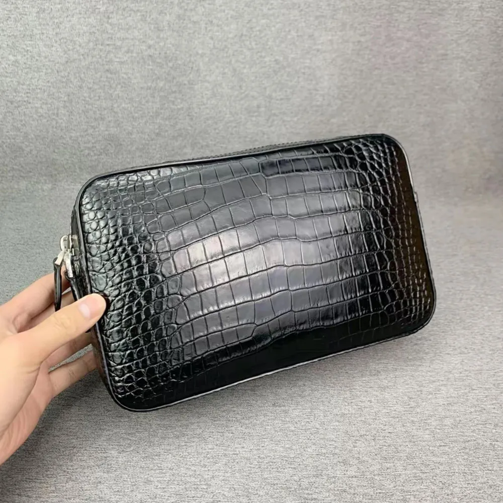 Authentic crocodile leather men's handbag real crocodile leather men's one-shoulder cross-body bag fashionable black postman bag