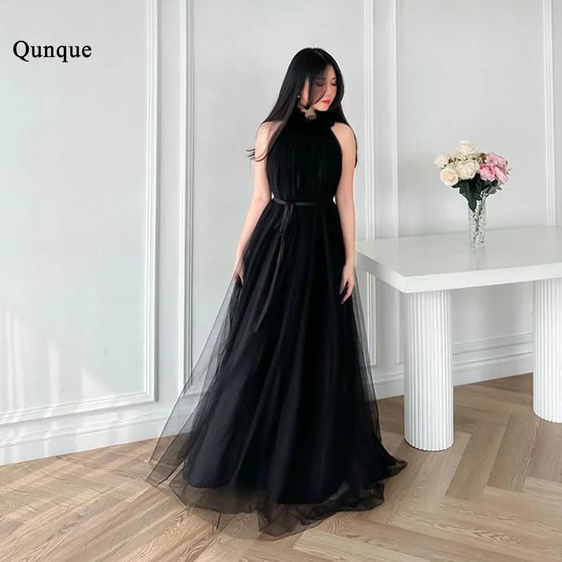 

Qunque Elegant Tulle Prom Dress Detachable Belt Long Vestido De Festa Noite Robes De Soirée High Neck Sleeveless Party Dresses