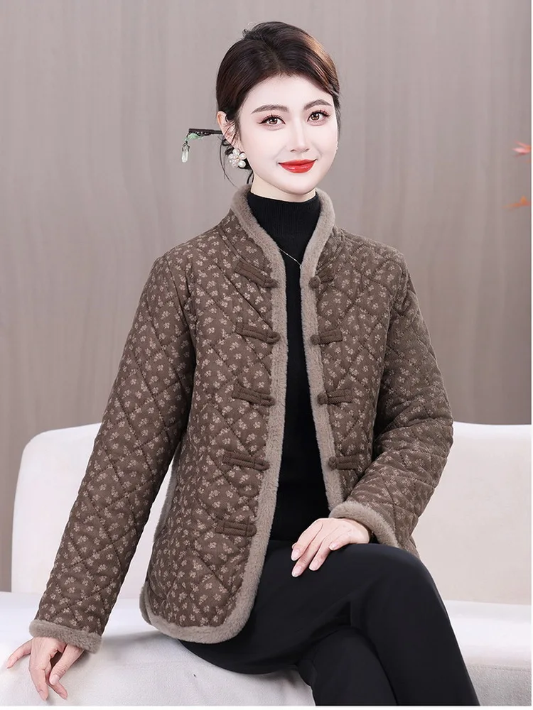 

Утепленная хлопковая куртка с цветочным принтом для женщин, с воротником-стойкой, теплая, для мам среднего и старшего возраста, верхняя одежда с флисом и пуговицами