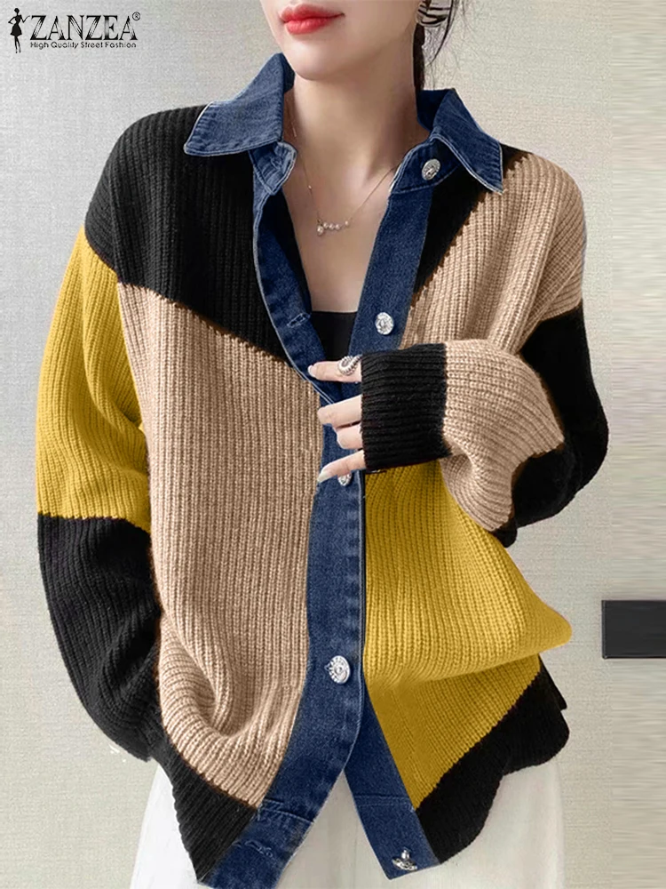 ZANZEA Streetwear Spring Chemise Long Sleeve Ribbed Knit Color-Blocked Patchwork Turn-down Collar Shirts Casual Women Cardigans