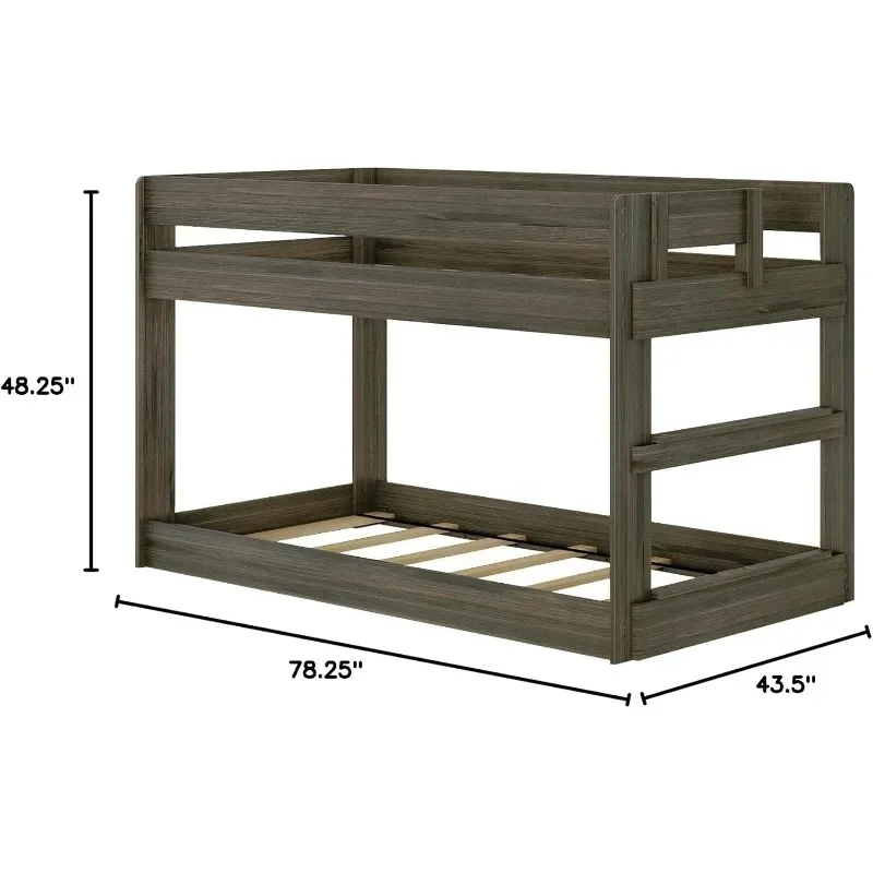 Modern Farmhouse Low Bunk Bed, Twin-Over-Twin Bed Frame for Kids, Barnwood Brown