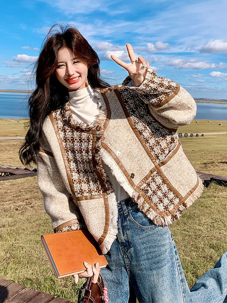 

Корейское твидовое пальто для женщин, осень-зима 2025, новая модная модель, утепленное, с длинными рукавами, круглым вырезом, для повседневной носки