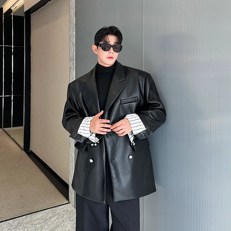 

Корейская кожаная куртка оверсайз с подплечниками в американском стиле, черное пальто-костюм, мужская модная повседневная одежда на все сезоны