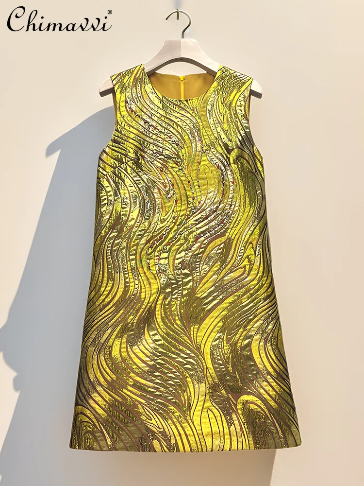 

French Elegant Temperament Heavy Industry Diamond Bead Embroidery Round Neck Sleeveless Fashion Luxury Gold Party Dress Women