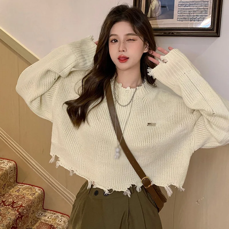 Sweater Coat Korean Sweater Design  Lazy  Loose Vintage Worn-out round Neck