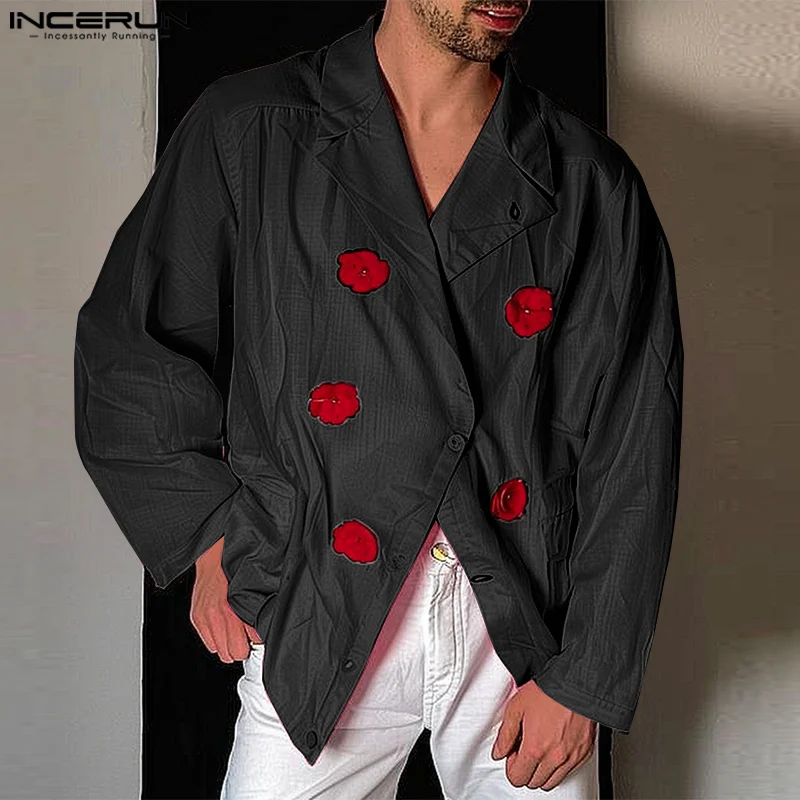 INCERUN Stylish New Men Clothing Floral Decoration Design Solid Suit Coats Casual Streetwear Male Loose Long Sleeved Blazer 2024