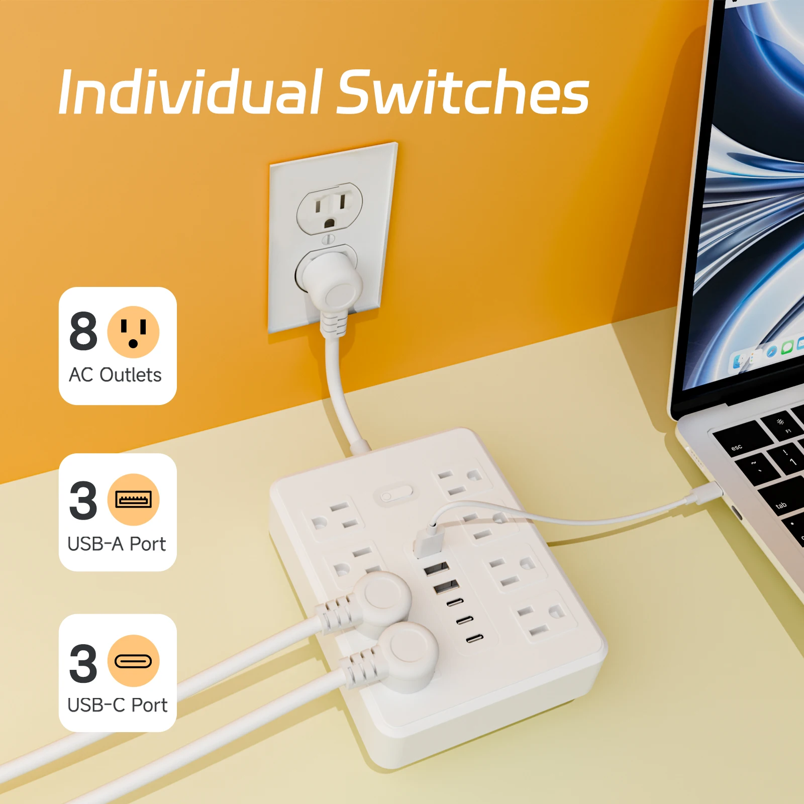 14-in-1 US single switch power strip with 8 AC sockets, 3 USB 3 Type-C ports, built-in overload protection view 5