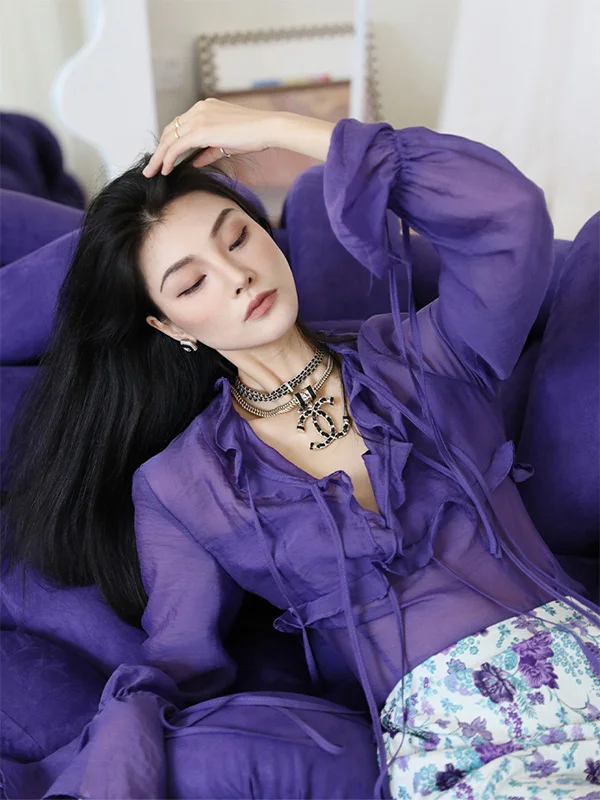 

Ele Purple Chiffon irt Sli Design Sensation Small ence Sle Commute Ladylike Slim Fit Long Sve V-Ne