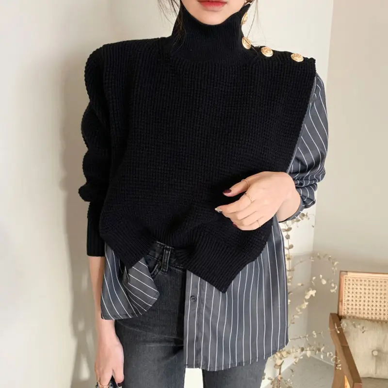 Spring Autumn Turtleneck Long Sleeve Sweater Women High Street Button Striped Patchwork Pullovers Elegant Cotton All-match Tops