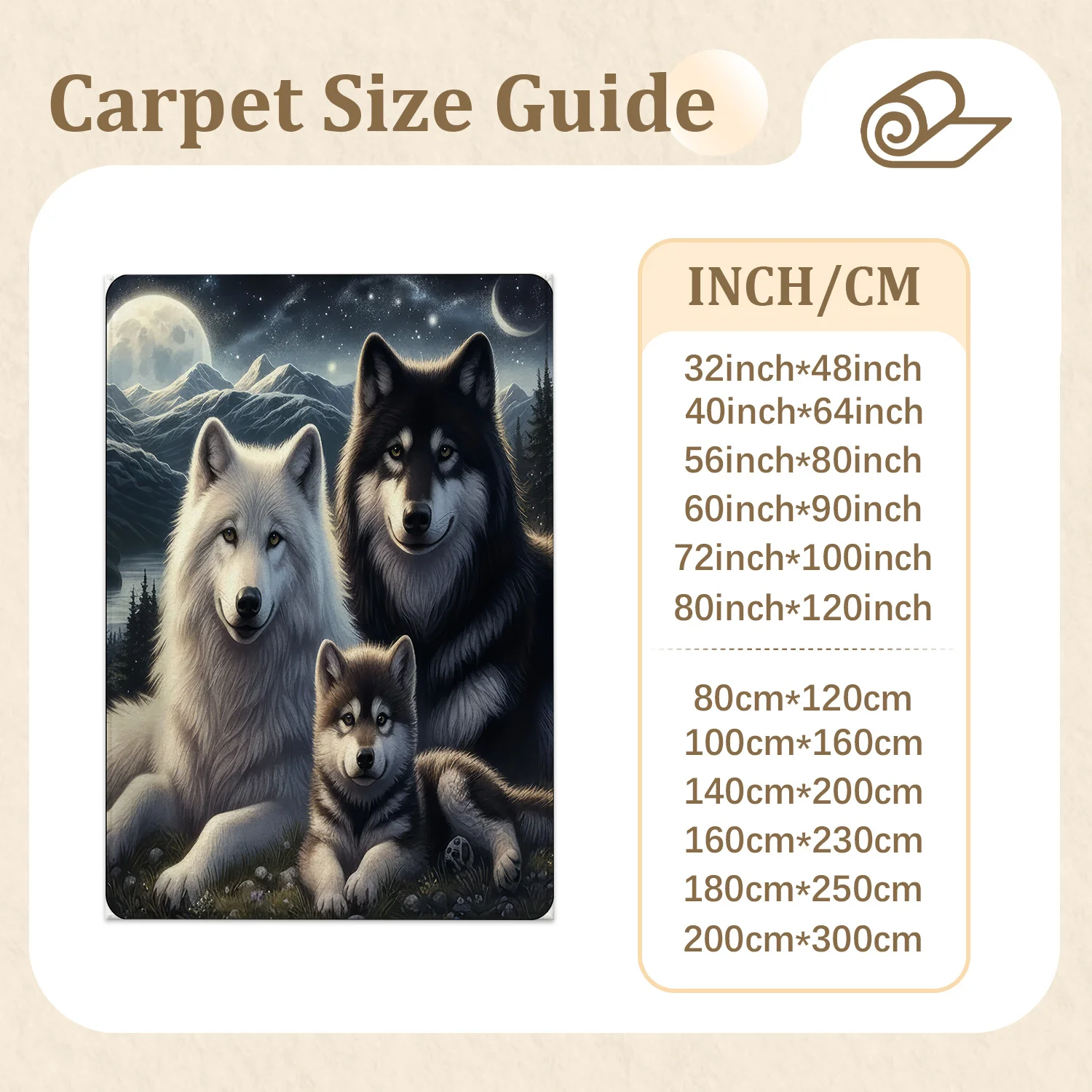 Large Indoor Area Rug, Soft Velvet Low Pile with Non-slip Dotted Backing, Machine Washable, Mystical Wolf Family Moon Night Scene, Perfect for Living Room Bedroom Cozy Home Floor Accent Rug