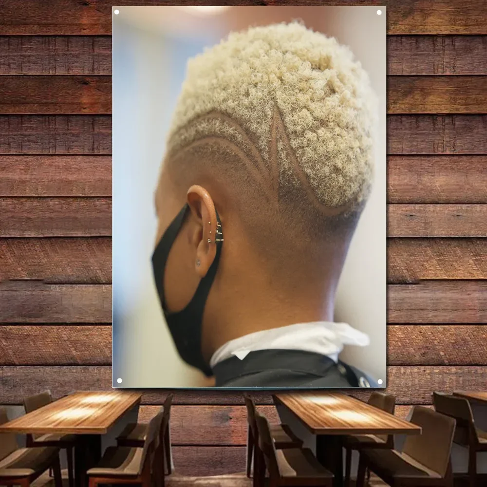 Black Men Wavy Hairstyles Tapestry Barber Shop Wall Decor Banner Flag Haircut & Shave Poster Wall Background Decorative Cloth 1
