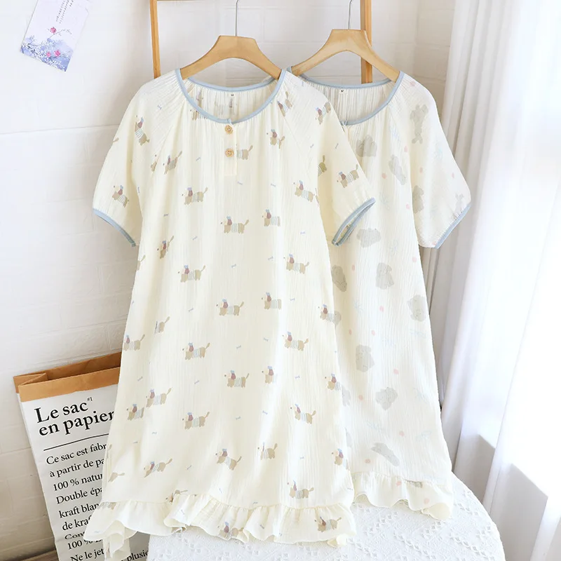

Printed Nightgown for Women's Summer Cotton Double-layer Gauze Short Sleeved Round Neck Homewear Nighty Clothes