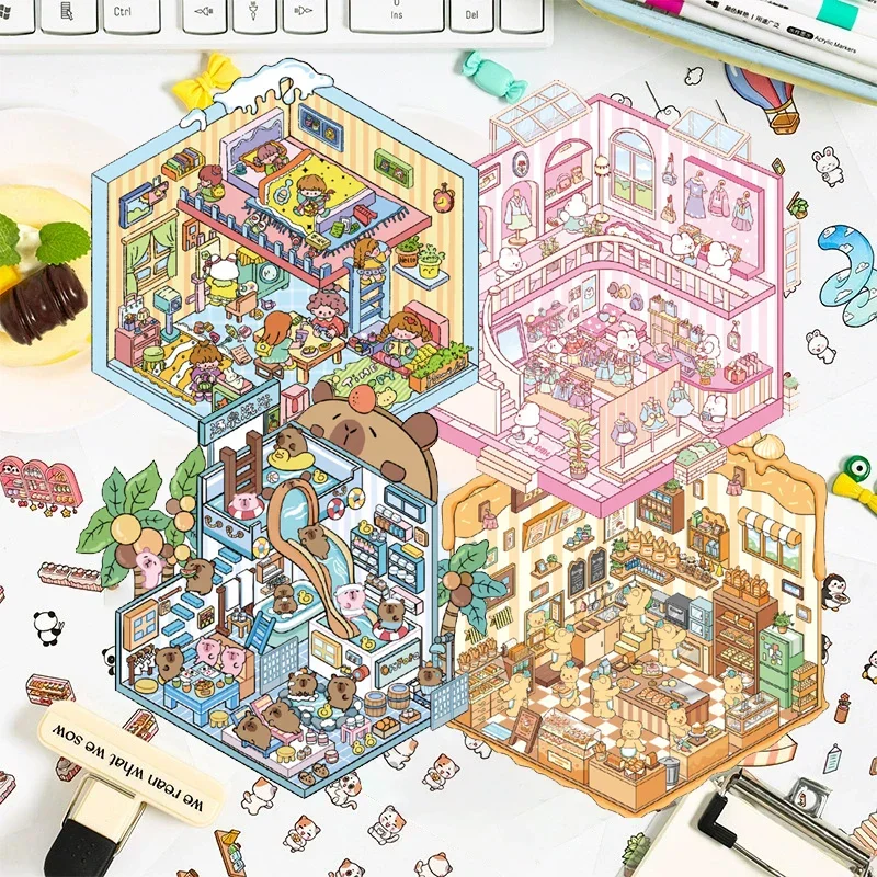 Escena en miniatura de animales bonitos de dibujos animados, pegatinas 3D DIY para paisajismo, pegatinas apilables visuales, álbum de recortes para Festival, regalo para niños