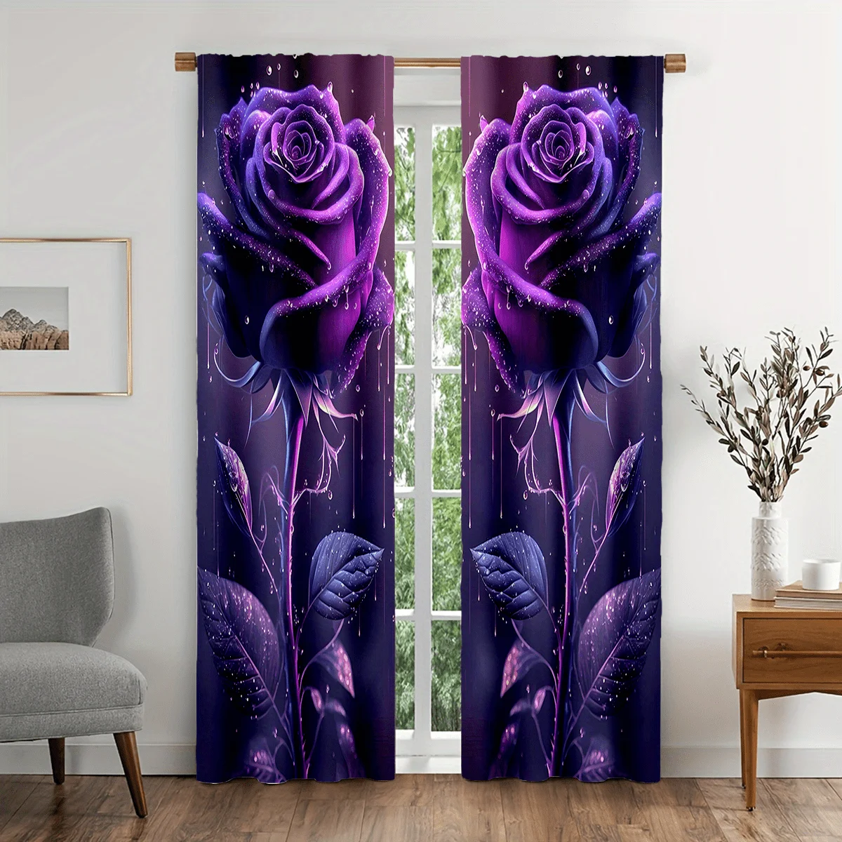 

2pcs Exquisite Purple Rose Pattern Curtains – Decorative Floral Design, Perfect for Bedroom or Living Room