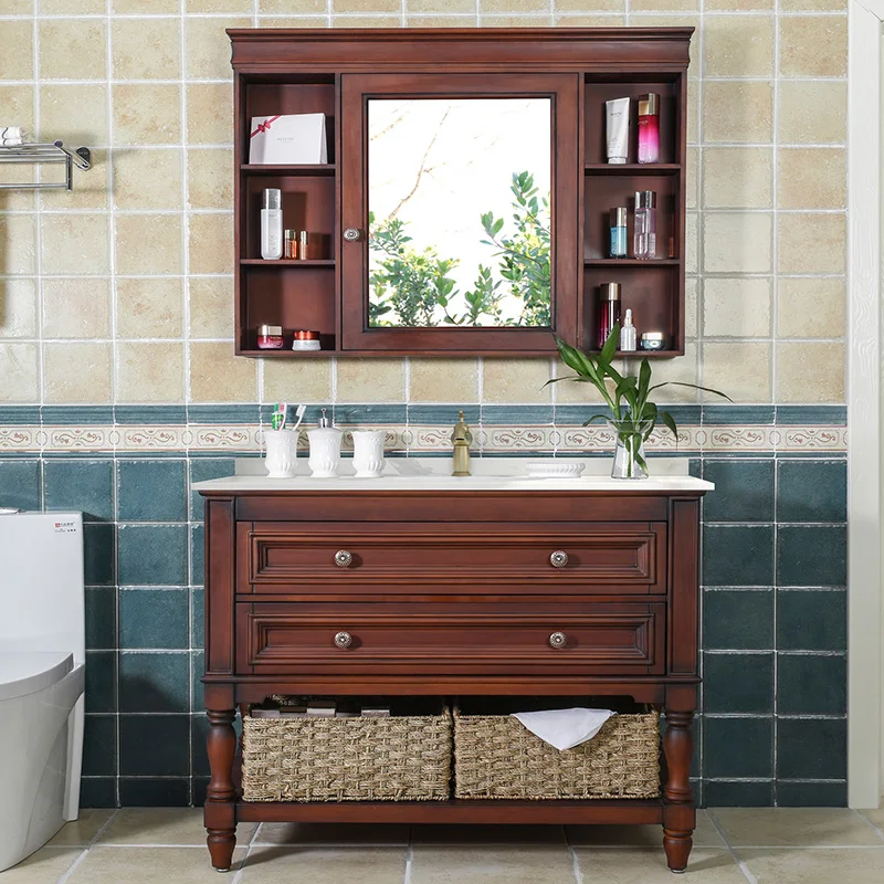 American retro bathroom combination solid wood washing sink toilet floor-to-ceiling washbasin mirror cabinet