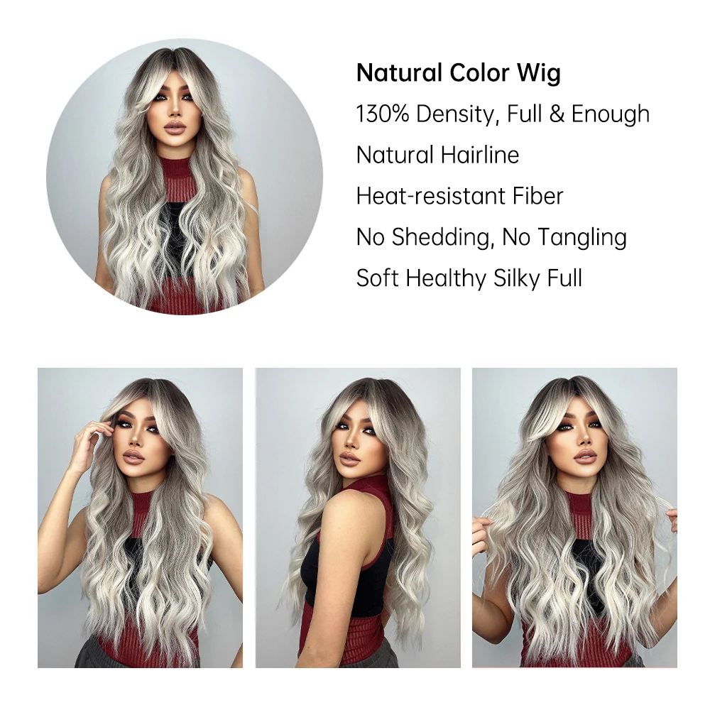 Synthetic Brown Gray Blonde Ombre Long Wavy Wig with Bangs Curly Cosplay Natural Hair Wig for Black Women Heat Resistant Fibre