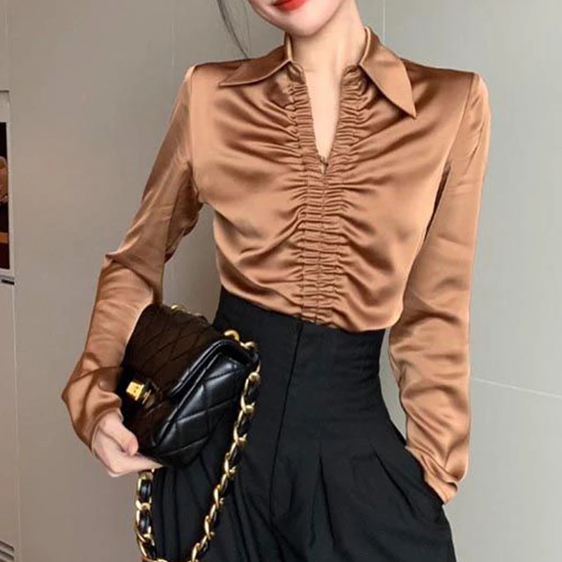 Women French Style Vintage Satin Luxury Designer Shirts Spring Autumn Fashion Elegant Blouse V Neck Long Sleeve Tops Chic Blusas