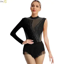 Womens Rhinestone Gymnastics Leotard Figure Skating Bodysuit Shiny Tassel Ballet Latin Dance Costume Stage Performance Dancewear