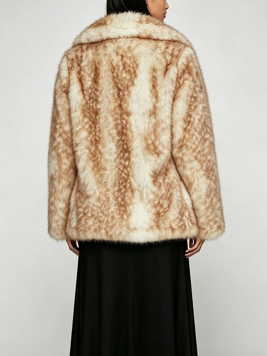 LIMO Women Turn Down Collar Deer Print Faux Fur Jacket Long Sleeve Fluffy Thick Warm Vintage Winter Ladies Furry Outerwear