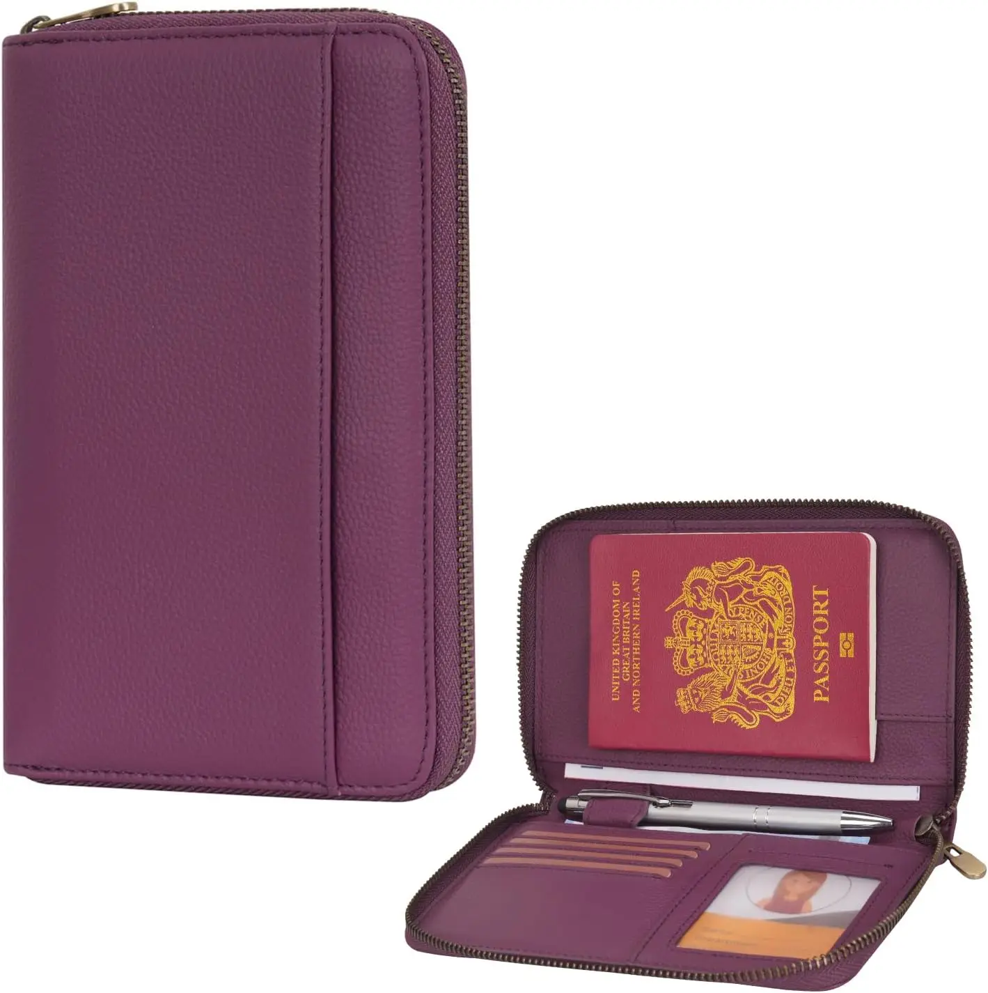 

Leather Travel Passport Wallet with RFID Blocking, Zipper Closure for Cards, Cash, ID and Tickets - Purple