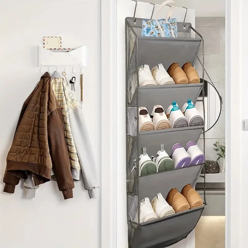 5 Tier Over The Door Shoe Organizer, Breathable Fabric Hanging Shoe Storage Bag with Side Mesh Pockets for Closet Bedroom Dorm