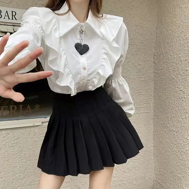 Shirts Women Turn-down Collar Korean Fashion Sweet Ruffles Design Unique All-match Patchwork Preppy Style Casual Daily Popular