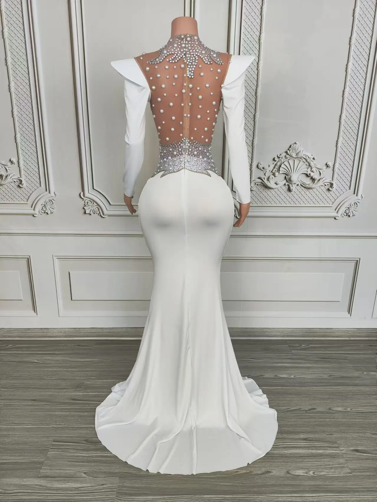 Women Luxury Crystal Pearl White See Through Mesh Dress Evening Party Elegant Dress Singer Stage Performance  Photoshoot Dress