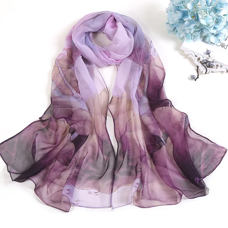 Lenço chiffon com folha de lótus e flor design para as mulheres, longo xale chiffon, elegante hijab para a praia, verão