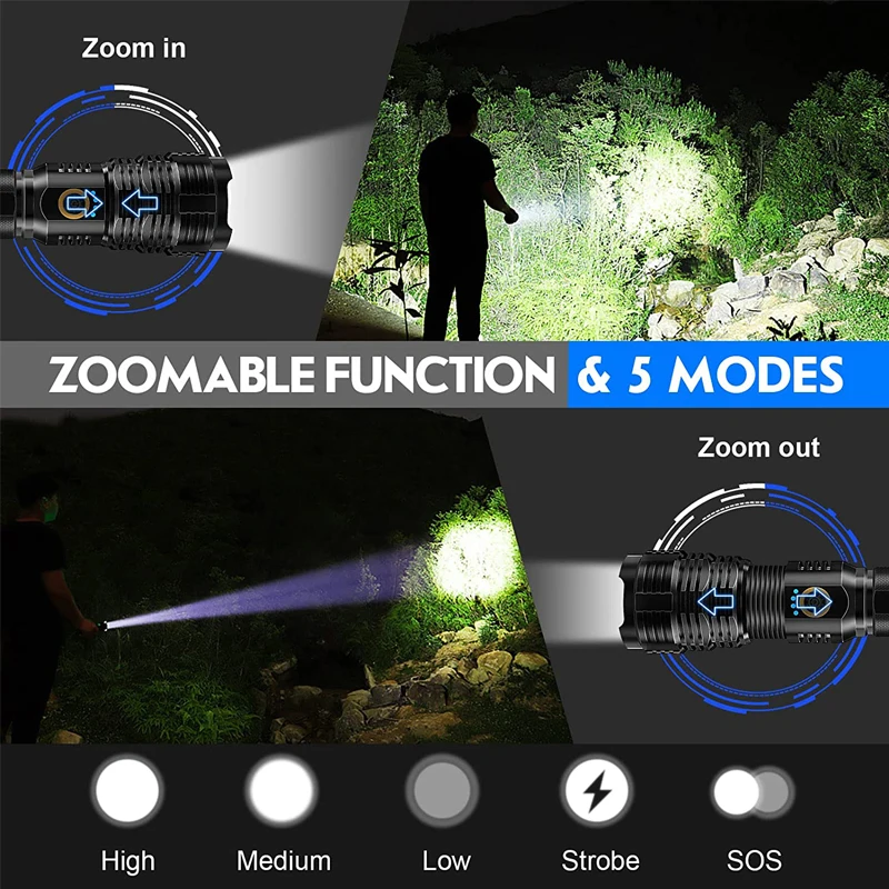 Super Bright LED Tactical Flashlight Rechargeable Zoomable Handheld Spotlight Digital Display Waterproof Camping Outdoor Emergency Torch Light