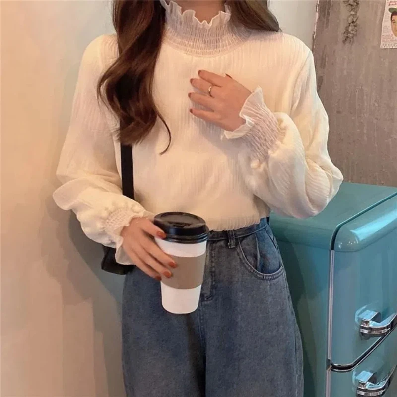 Korean Lace Patchwork Loose Pleated T Shirts Spring Autumn New Long Sleeve Solid Color Elegant Tops Fashion Sweet Women Clothing