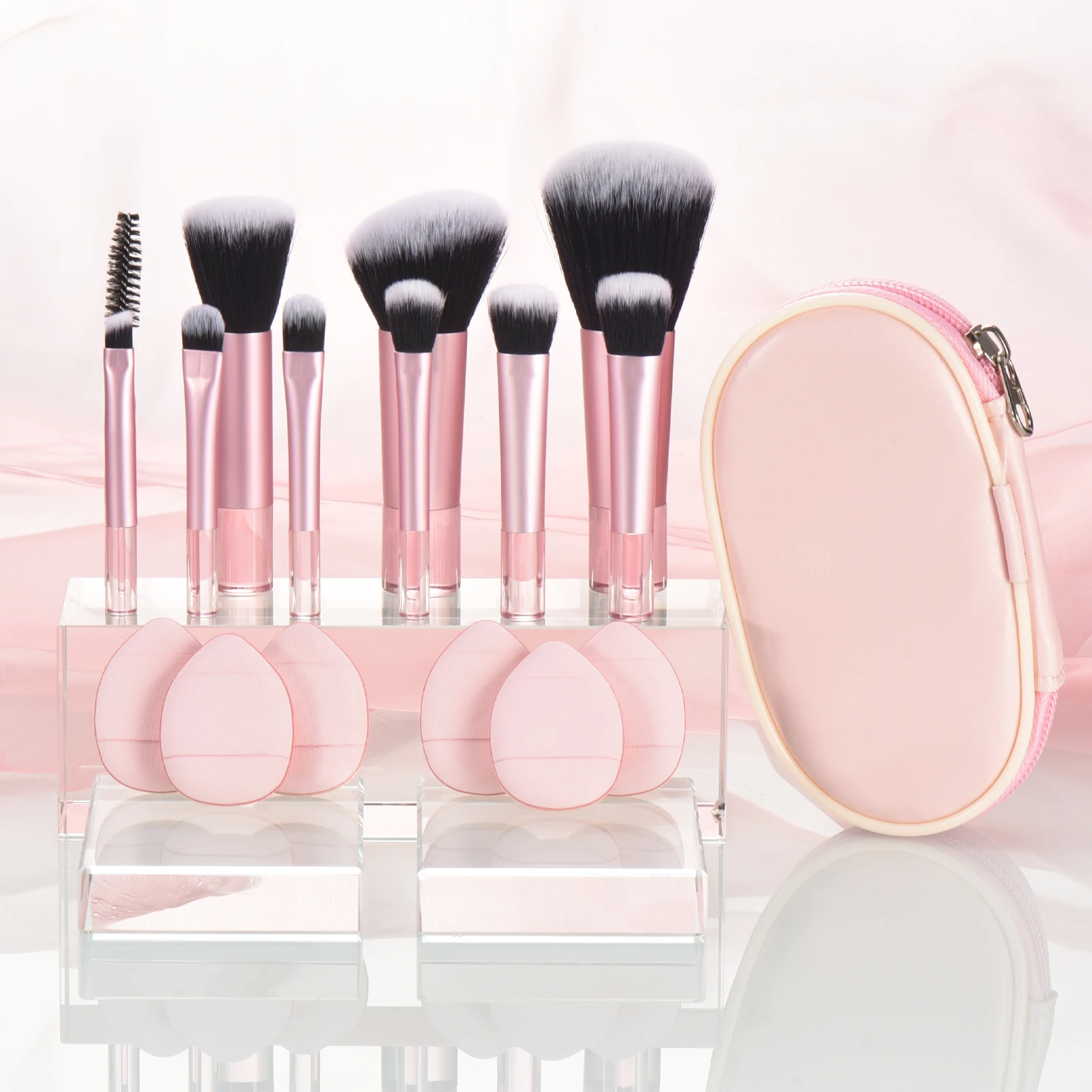 KOSMETYKI 10 mini black makeup brush Palm brush -6 makeup puff Travel portable makeup tool set