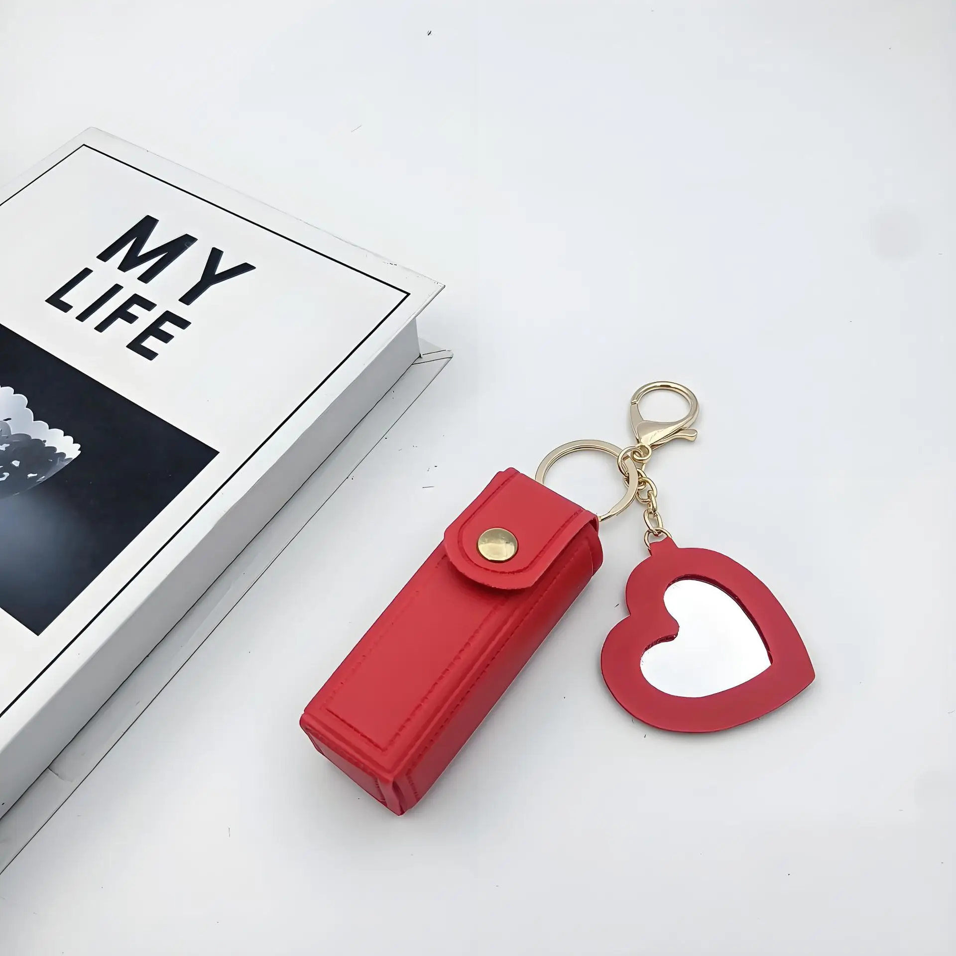 Fashion Leather Keychain with Mirror, Trendy Mini Pouch