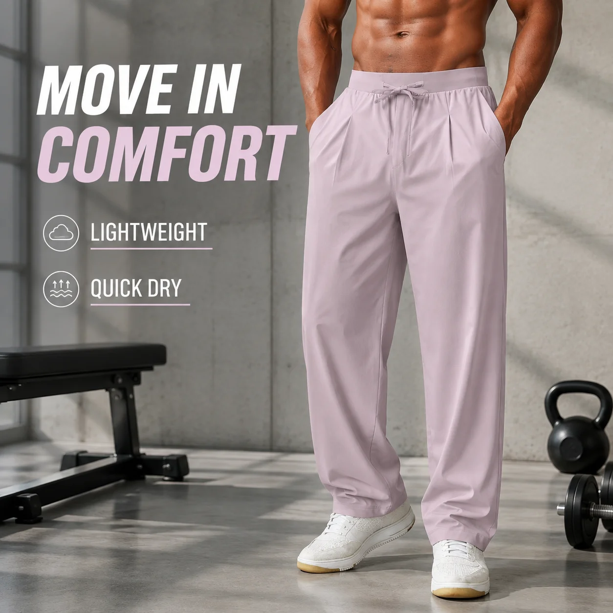 Men's Wide Leg Sweatpants, Lightweight Quick Dry Drawstring Trousers, 4-Way Stretch Relaxed Fit Lounge Pants with Pockets