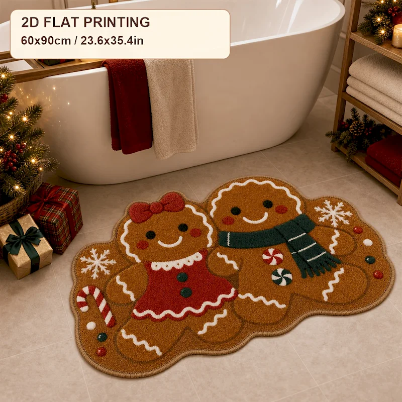 VIKAMA Couple Gingerbread Man Christmas Mat Soft Anti Slip Water Absorbing Carpet Entrance Home Decoration Door Mat