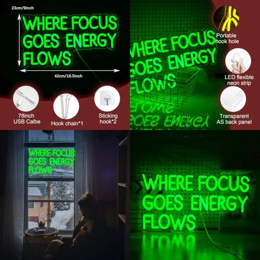 

Where Focus Goes Energy Flows Neon Sign 16.5 * 9.1In Dimmable Postive Quotes Light Up Sign for Wall Decor Led Words Neon Light
