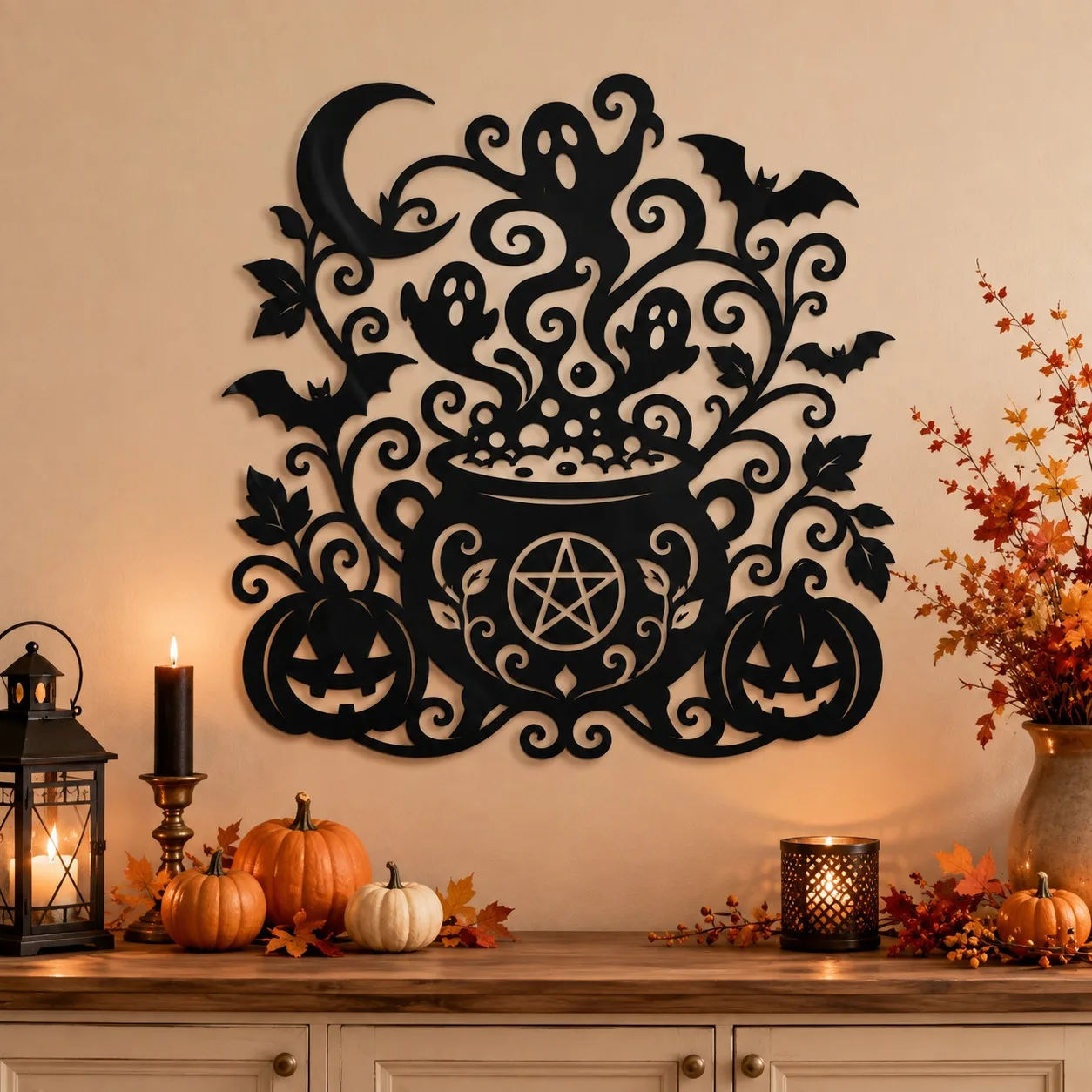 CIFBUY 1pc Metal Witch Cauldron Wall Art Pentagram Bat Pumpkin Crescent Moon Black Hollow Hanging Sign  Indoor Wall Decor