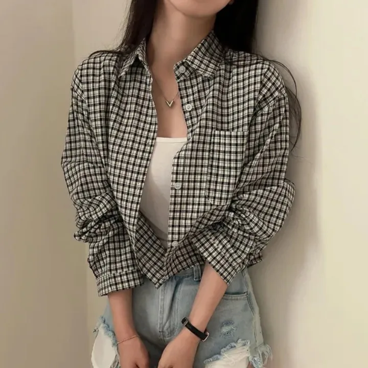 

Chic Autumn Plaid Long Sve irt Stand Collar Button Cuff Loose Design Slimming Korean Sle Cotton Blend Busin Casual Top