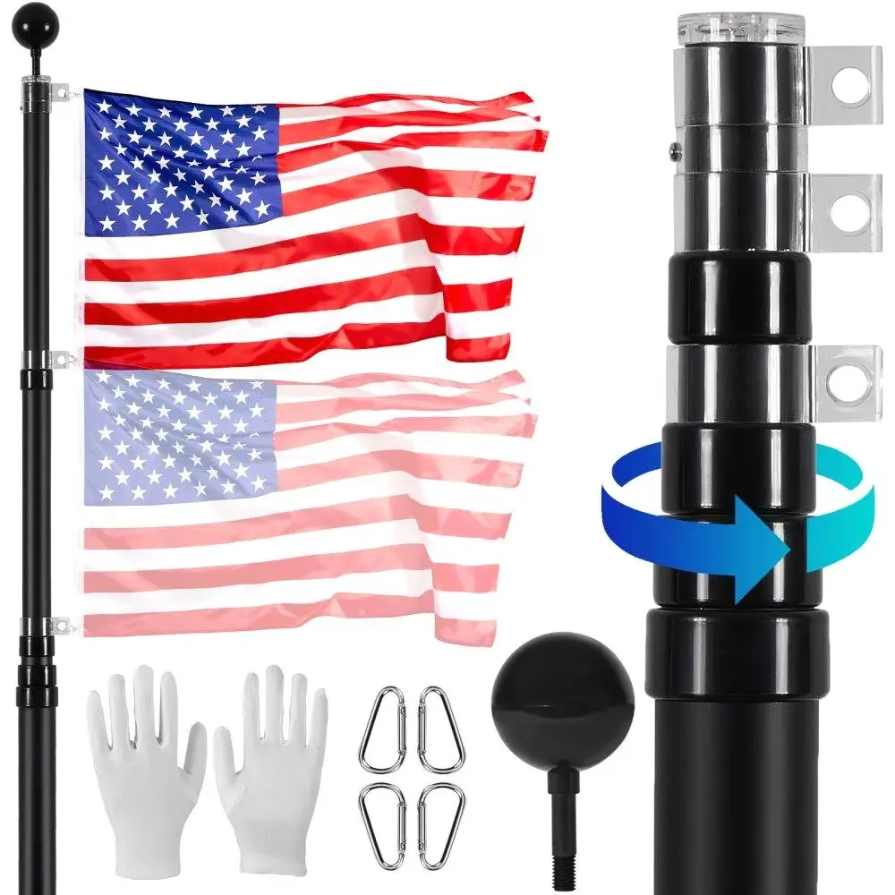 

25FT Telescoping Heavy Duty Aluminum Flag Pole Black American