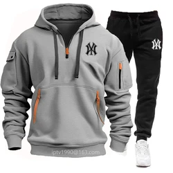 Men's new spring and autumn multi-pocket zipper hoodie + sports pants two-piece EU size jogging casual fitness sportswear suit