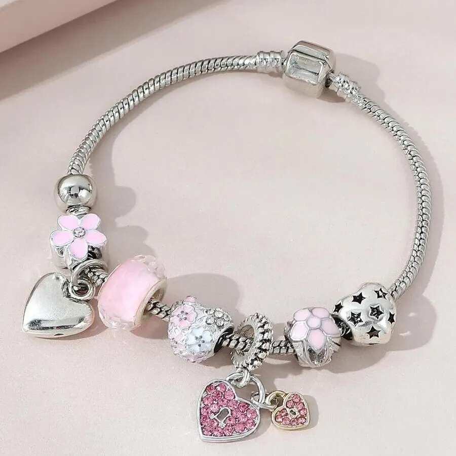 Obega Love Heart Flower Glass Pendant Charm Bracelet Classic Pink White Crystal Stone Adjustable Bead Bracelet Silver Gold Color