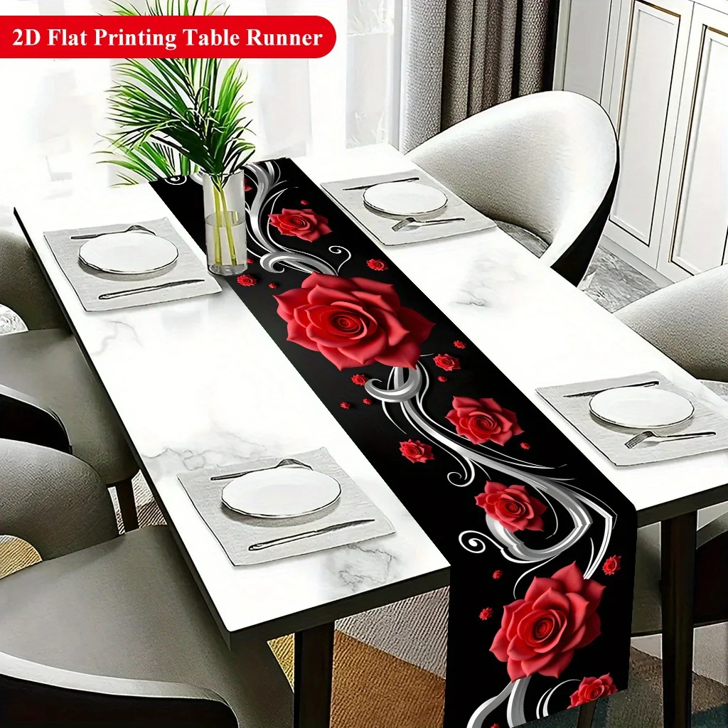 1Pc Red Rose Black Background 2D Printed Table Runner Light Luxury Style Dining Table Decoration Long Cloth Waterproof Polyester Table Cover