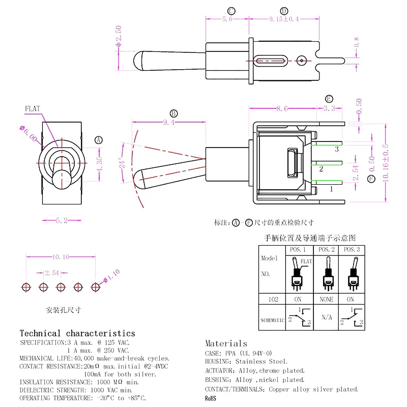 Interruptor do braço basculante em linha, SMTS-102, placa de solda de pino, 3 pinos, alternância vertical de 2 velocidades, ST-0-102-A02-N002-RS